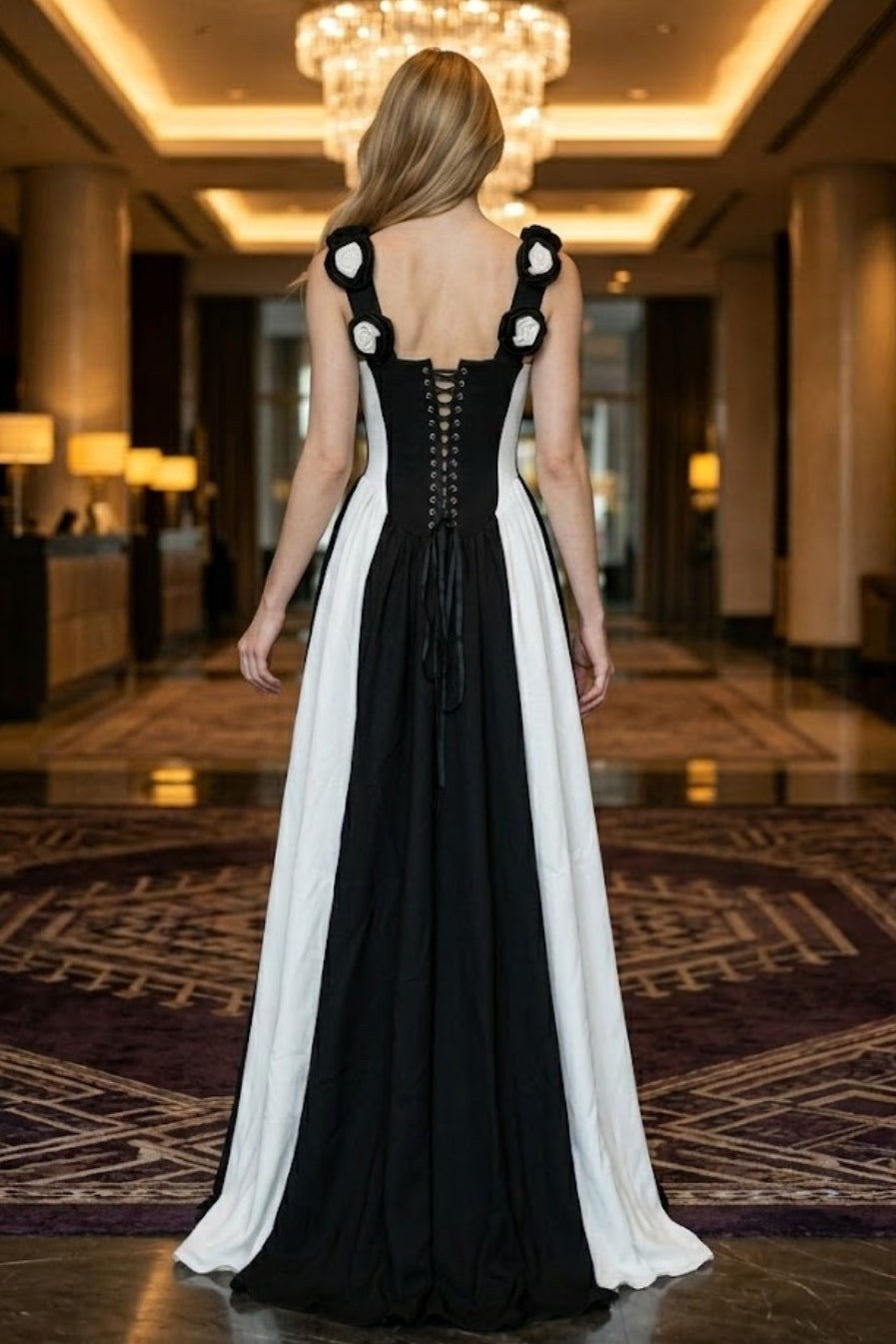 Black and White A Line Long Prom Dress with Slit