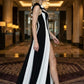Black and White A Line Long Prom Dress with Slit