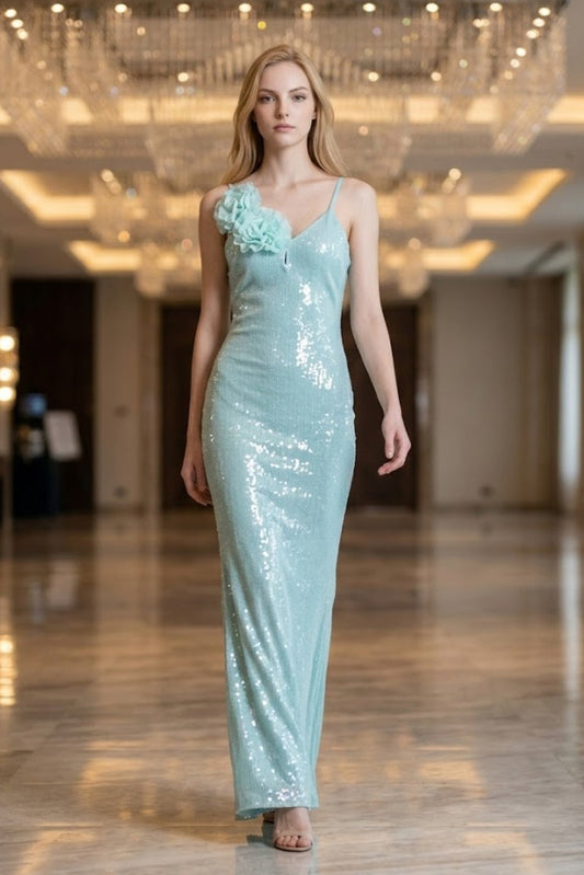 Sequin Mint Green Sheath Spaghetti Strap Long Prom Dress with 3D Flowers