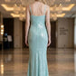 Sequin Mint Green Sheath Spaghetti Strap Long Prom Dress with 3D Flowers
