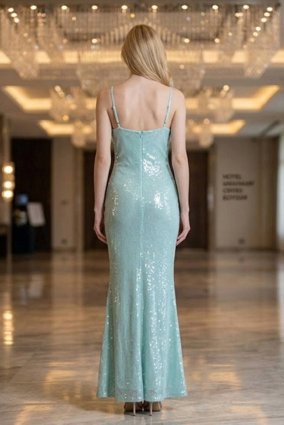 Vanadress Women Sequin Mint Green Spaghetti Strap Sheath Maxi Sparkly Prom  Dress with 3D Flowers Backless Sleeveless Party Dress