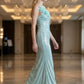 Sequin Mint Green Sheath Spaghetti Strap Long Prom Dress with 3D Flowers