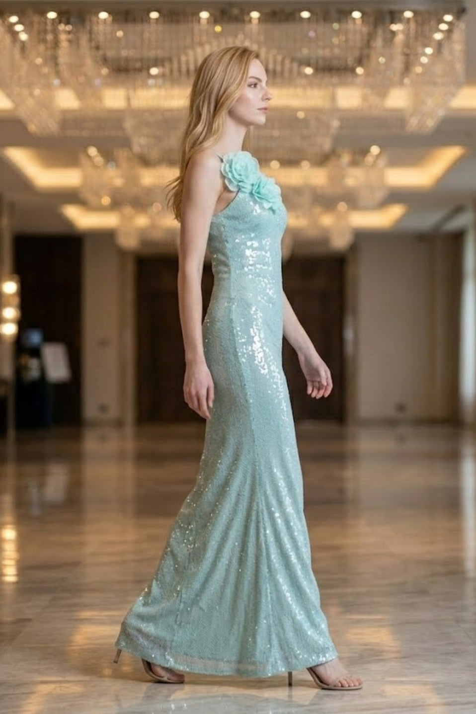 Sequin Mint Green Sheath Spaghetti Strap Long Prom Dress with 3D Flowers