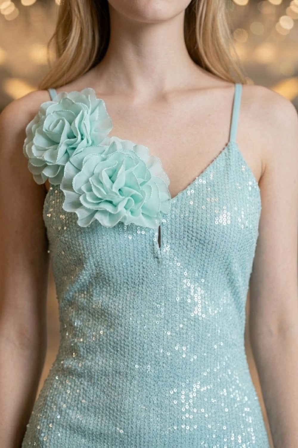 Sequin Mint Green Sheath Spaghetti Strap Long Prom Dress with 3D Flowers