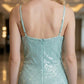 Sequin Mint Green Sheath Spaghetti Strap Long Prom Dress with 3D Flowers