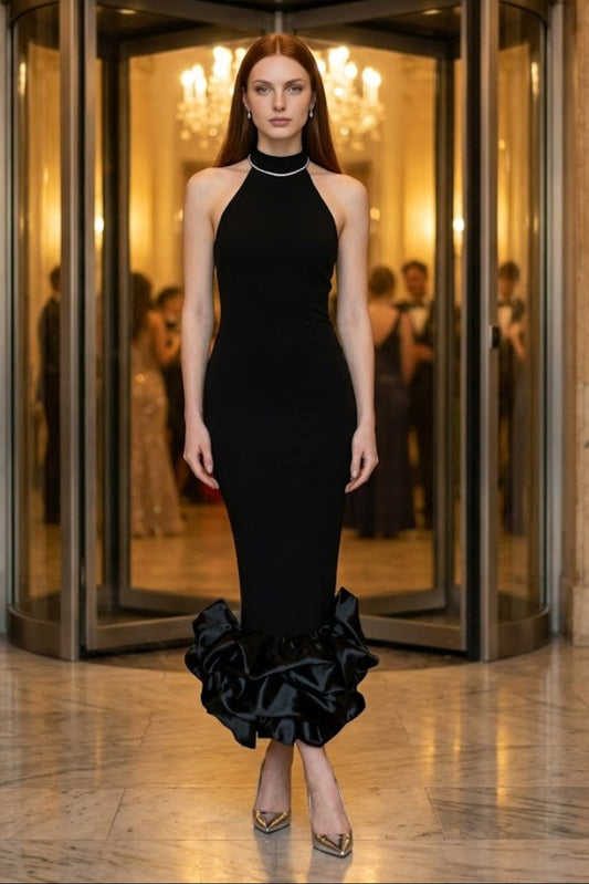 Black Mermaid Halter Long Formal Dress with Ruffles