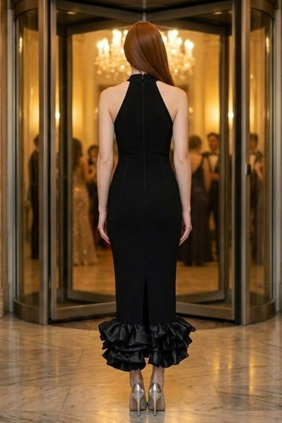 Black Mermaid Halter Long Formal Dress with Ruffles