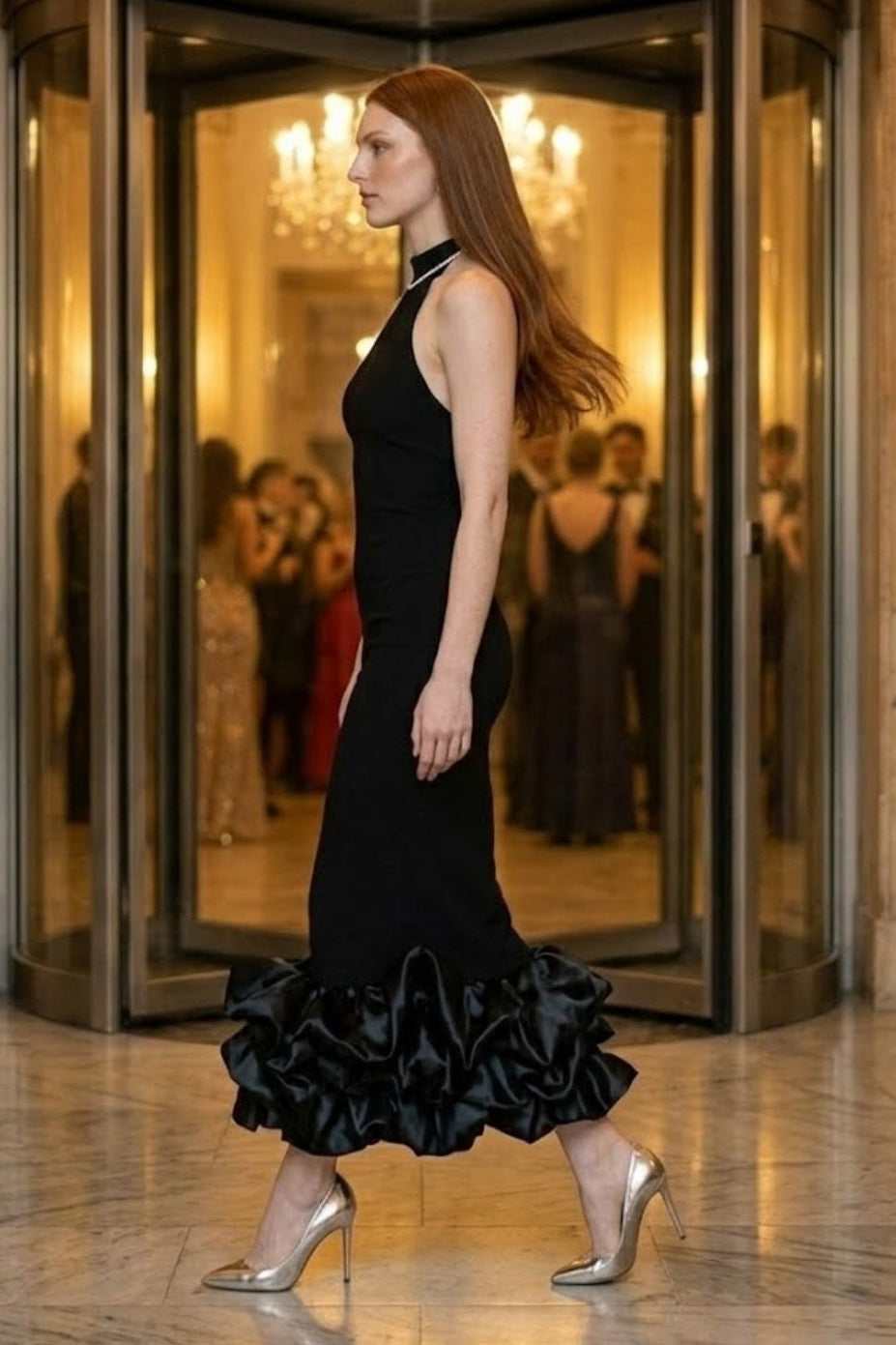 Black Mermaid Halter Long Formal Dress with Ruffles