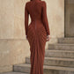 Brown Mermaid High Neck Long Ruching Formal Dress