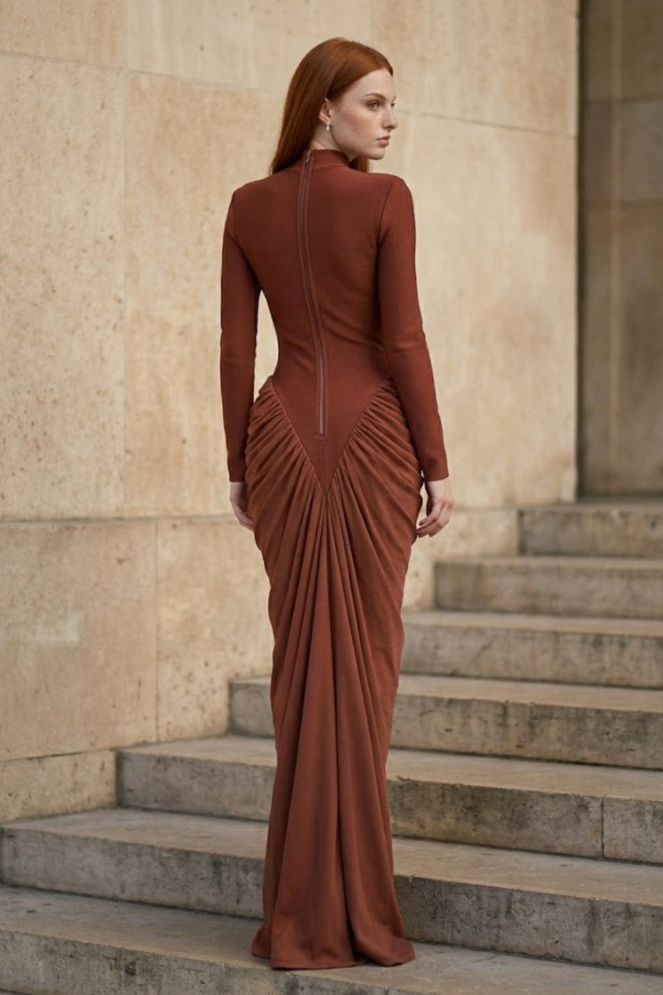 Brown Mermaid High Neck Long Ruching Formal Dress