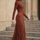 Brown Mermaid High Neck Long Ruching Formal Dress