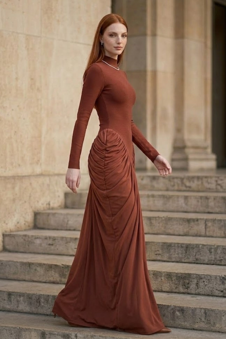 Brown Mermaid High Neck Long Ruching Formal Dress