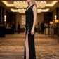 Black Sheath V Neck Long Prom Dress with Slit