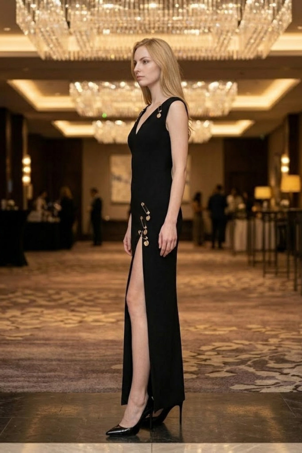 Black Sheath V Neck Long Prom Dress with Slit