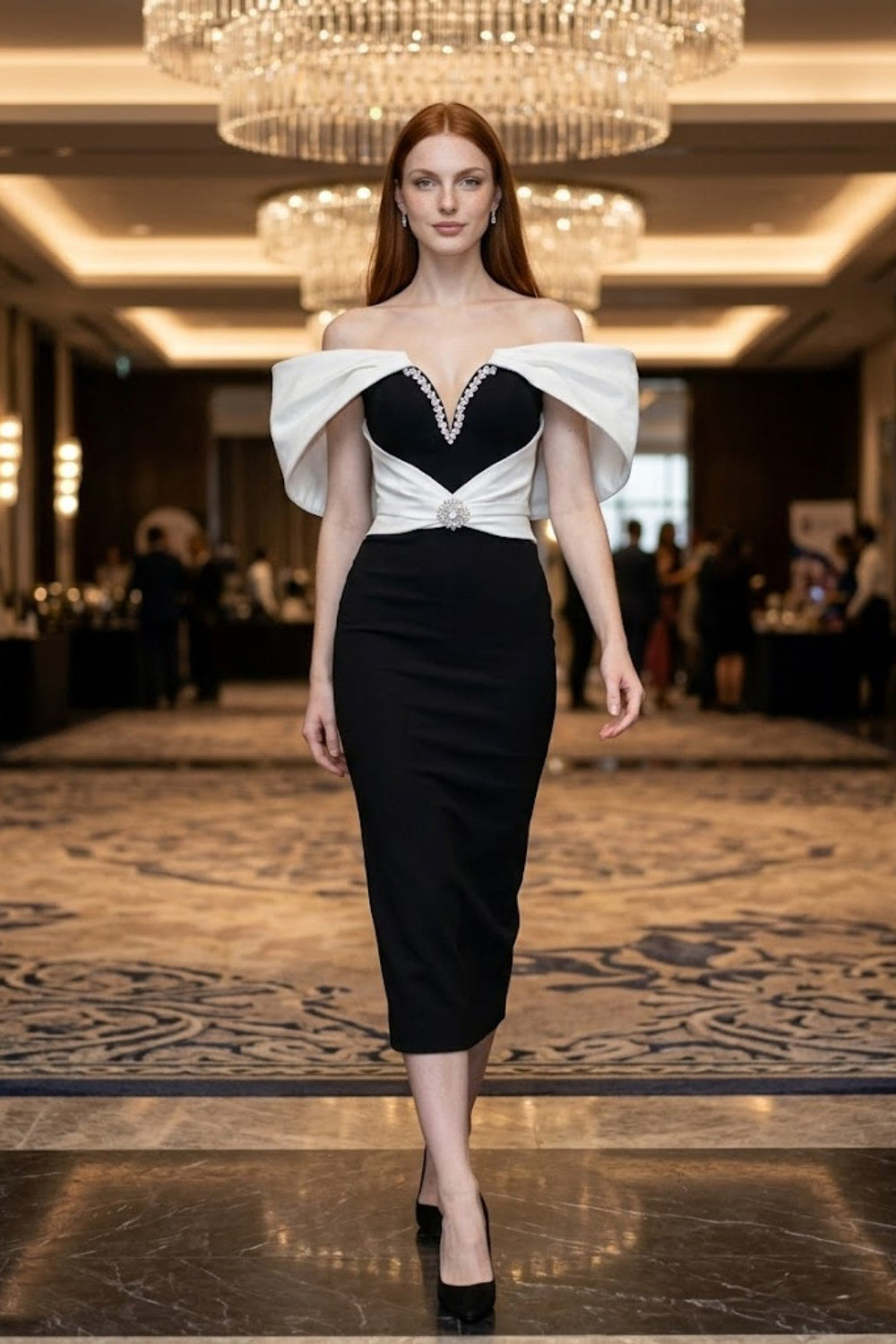 Black and White Bodycon V Neck Midi Prom Dress