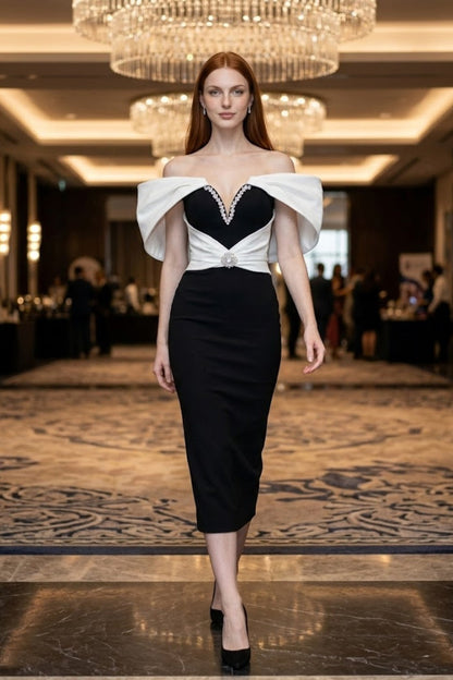 Black and White Bodycon V Neck Midi Prom Dress