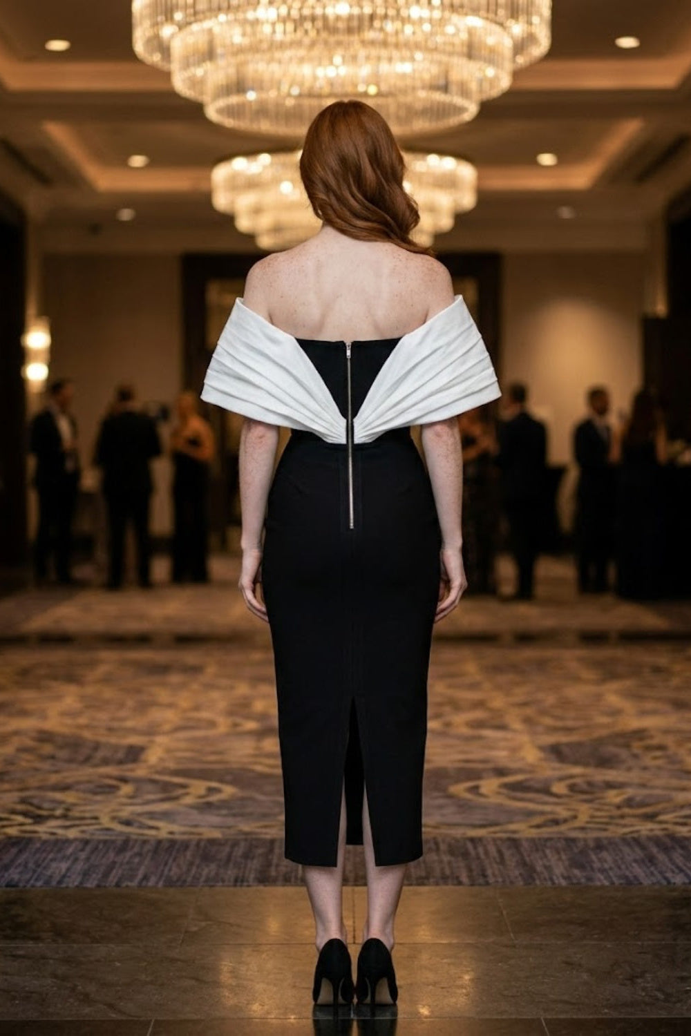 Black and White Bodycon V Neck Midi Prom Dress