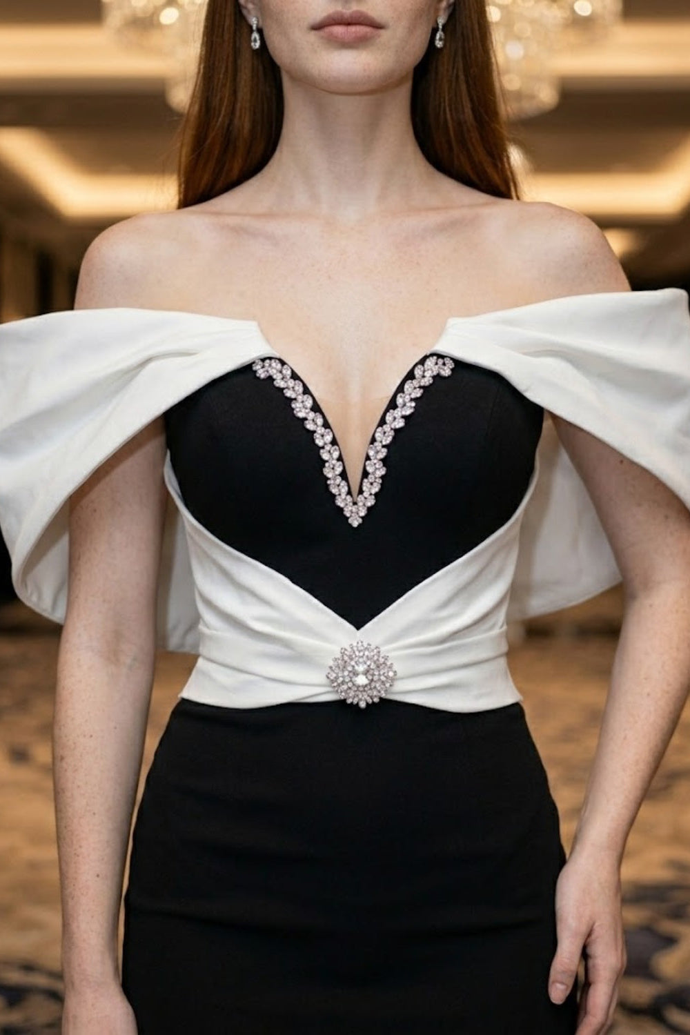 Black and White Bodycon V Neck Midi Prom Dress
