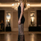Black Sheath Round Neck Long Prom Dress with Fringes