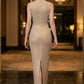 Sequin Apricot Sheath High Neck Long Prom Dress with Sparkly Rhinestone