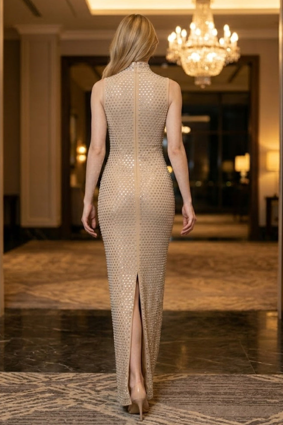 Sequin Apricot Sheath High Neck Long Prom Dress with Sparkly Rhinestone