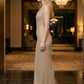 Sequin Apricot Sheath High Neck Long Prom Dress with Sparkly Rhinestone