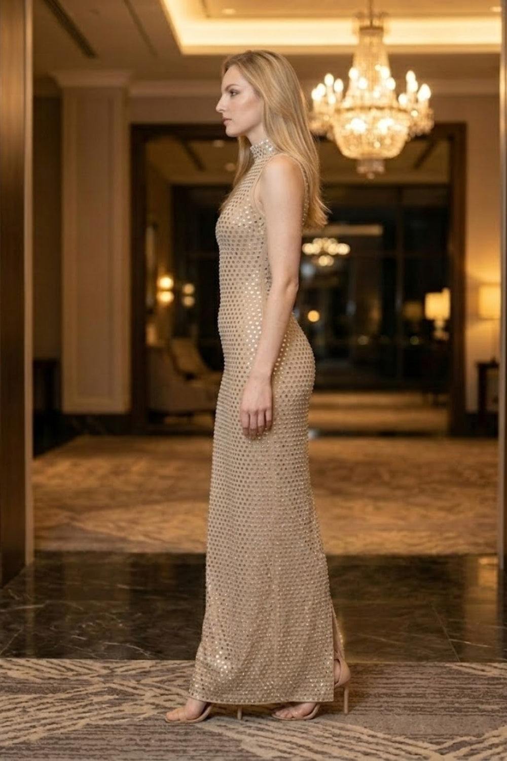 Sequin Apricot Sheath High Neck Long Prom Dress with Sparkly Rhinestone
