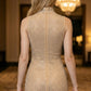 Sequin Apricot Sheath High Neck Long Prom Dress with Sparkly Rhinestone