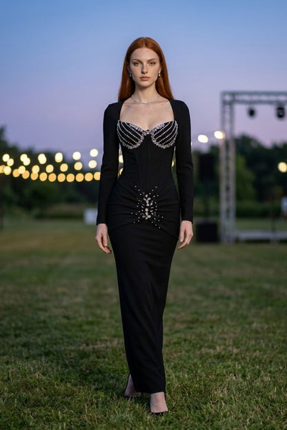 Corset Black Sheath Square Neck Long Prom Dress with Rhinestone
