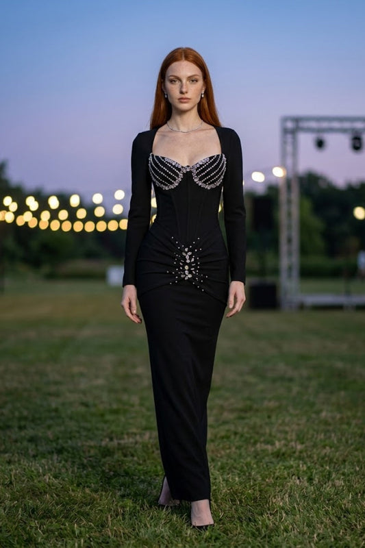 Corset Black Sheath Square Neck Long Prom Dress with Rhinestone