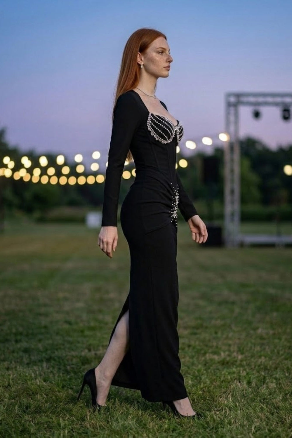 Corset Black Sheath Square Neck Long Prom Dress with Rhinestone