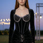 Corset Black Sheath Square Neck Long Prom Dress with Rhinestone