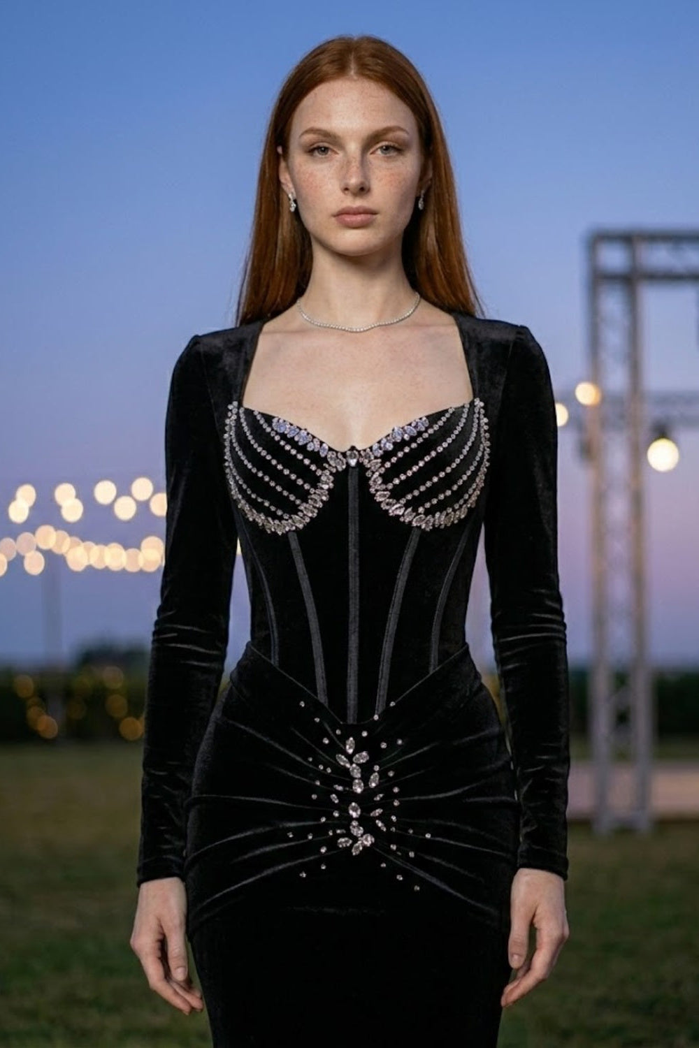 Corset Black Sheath Square Neck Long Prom Dress with Rhinestone