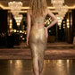 Sequin Gold Bodycon Square Shoulder Midi Cocktail dress with Cutout