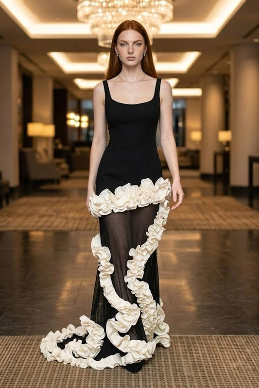 Floral Black and White Long Formal Dress with Ruffles