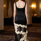Floral Black and White Long Formal Dress with Ruffles