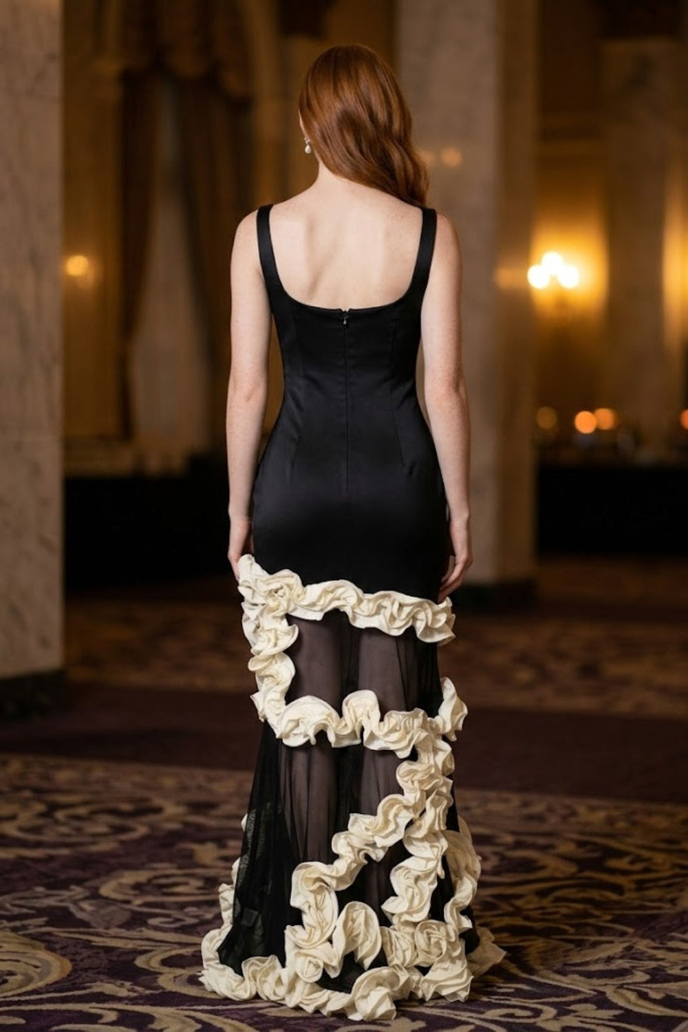 Floral Black and White Long Formal Dress with Ruffles