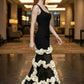 Floral Black and White Long Formal Dress with Ruffles