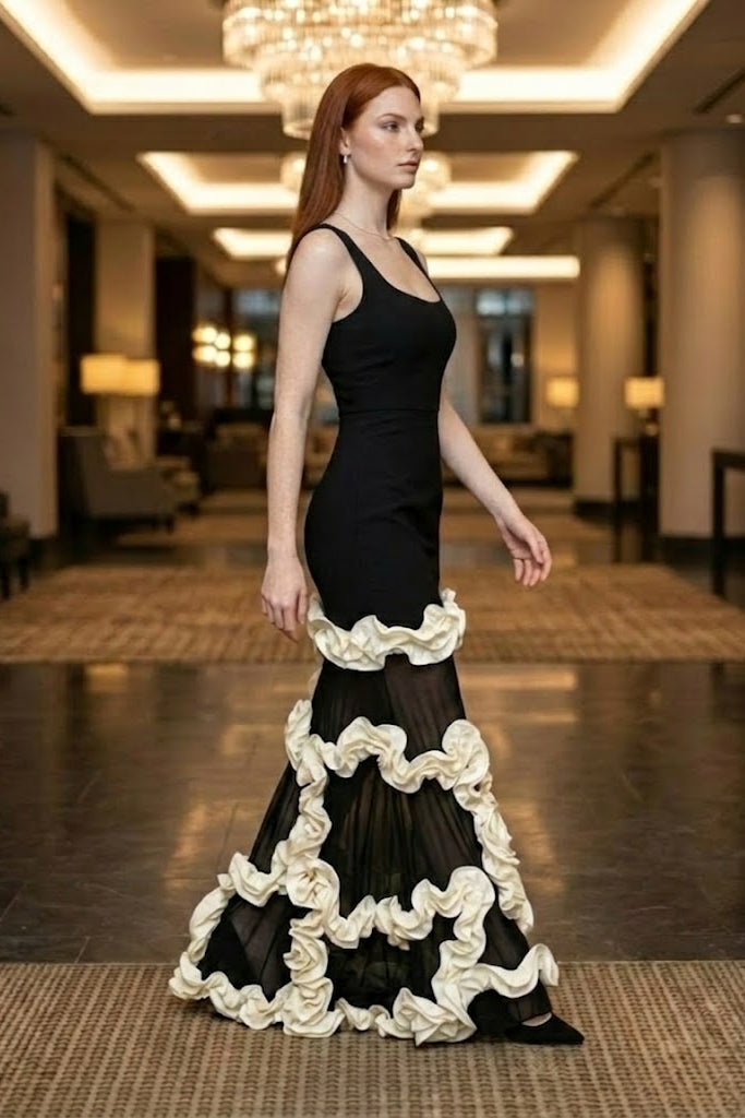 Floral Black and White Long Formal Dress with Ruffles
