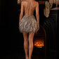 Silver Sheath Spaghetti Strap Short Homecoming Dress with Rhinestones and Feathers