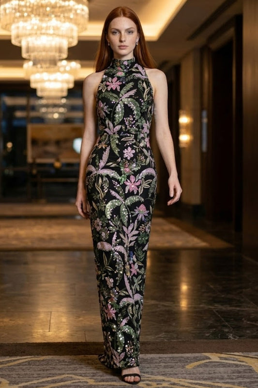 Black Floral Sheath High Neck Long Prom Dress