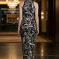 Black Floral Sheath High Neck Long Prom Dress