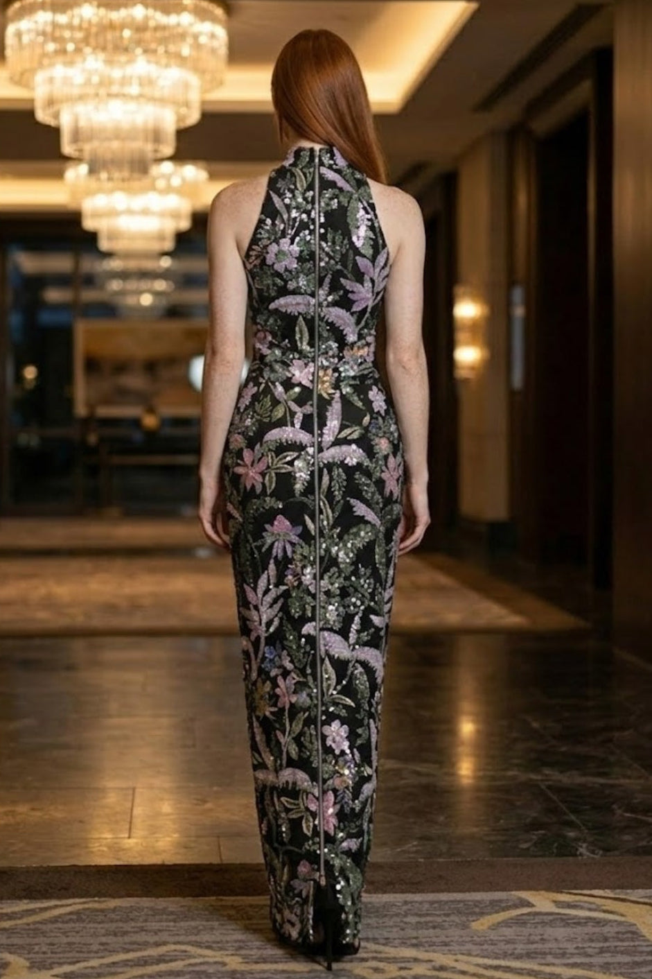 Black Floral Sheath High Neck Long Prom Dress