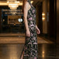 Black Floral Sheath High Neck Long Prom Dress