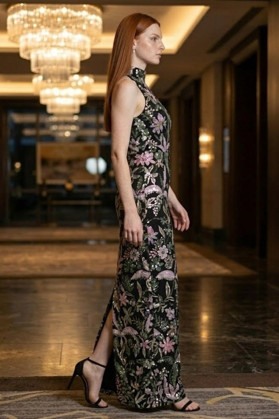 Black Floral Sheath High Neck Long Prom Dress