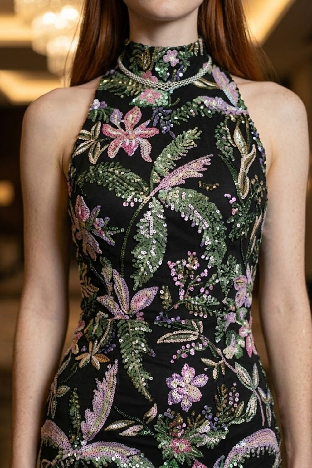 Black Floral Sheath High Neck Long Prom Dress
