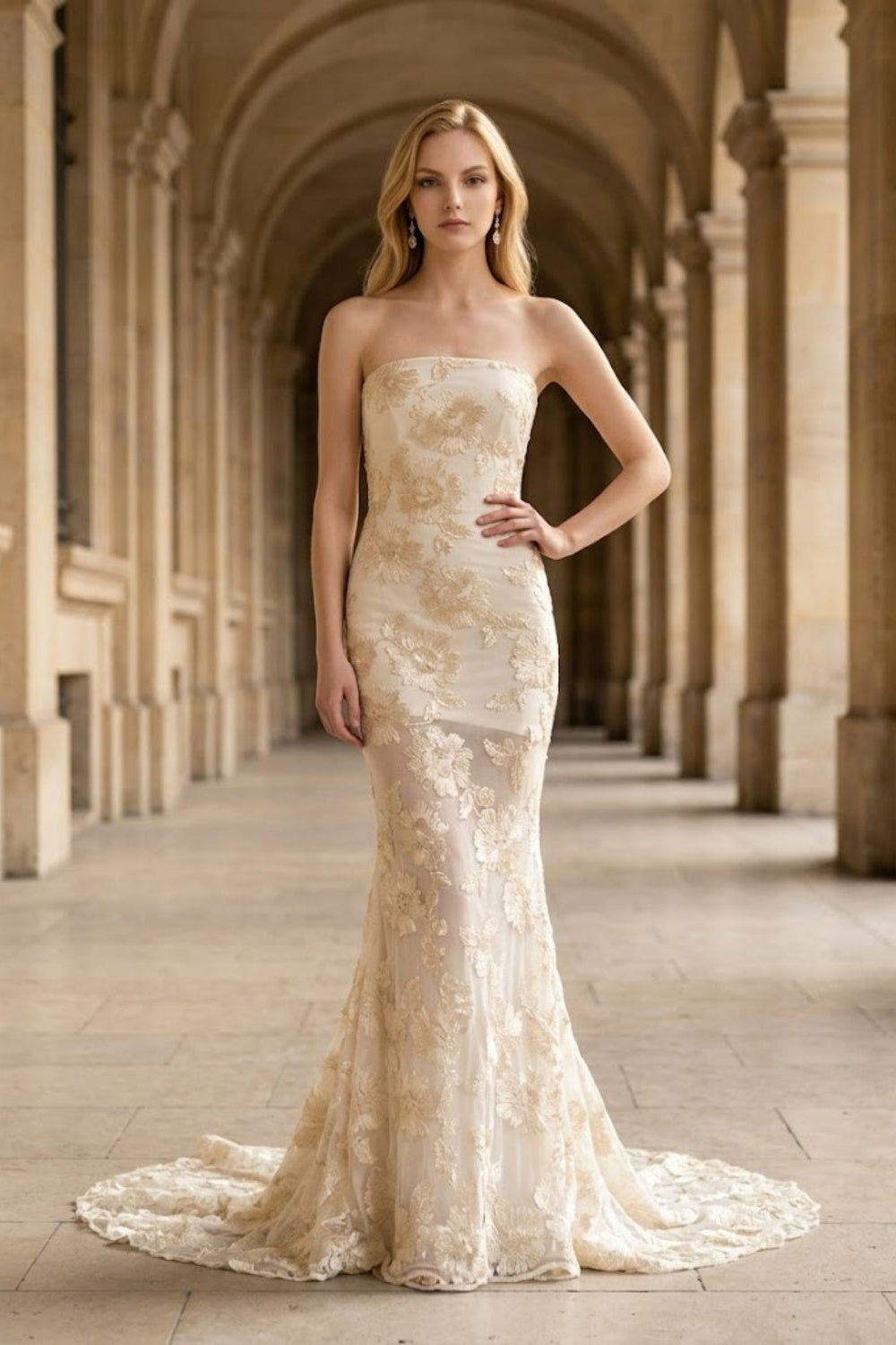 Floral White Mermaid Strapless Long Prom Dress with Appliques