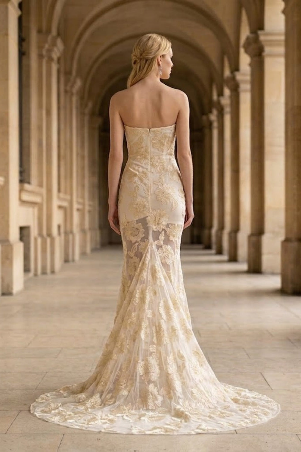Floral White Mermaid Strapless Long Prom Dress with Appliques
