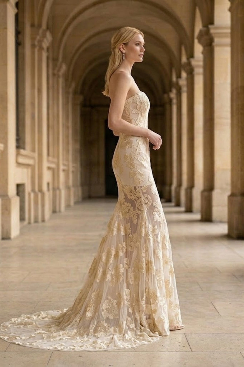 Floral White Mermaid Strapless Long Prom Dress with Appliques