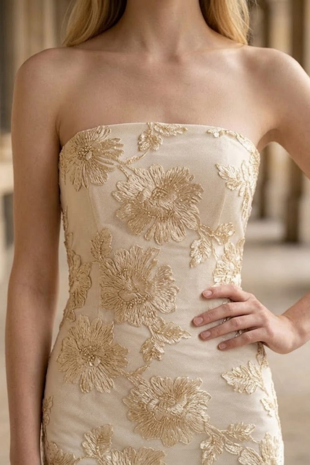 Floral White Mermaid Strapless Long Prom Dress with Appliques